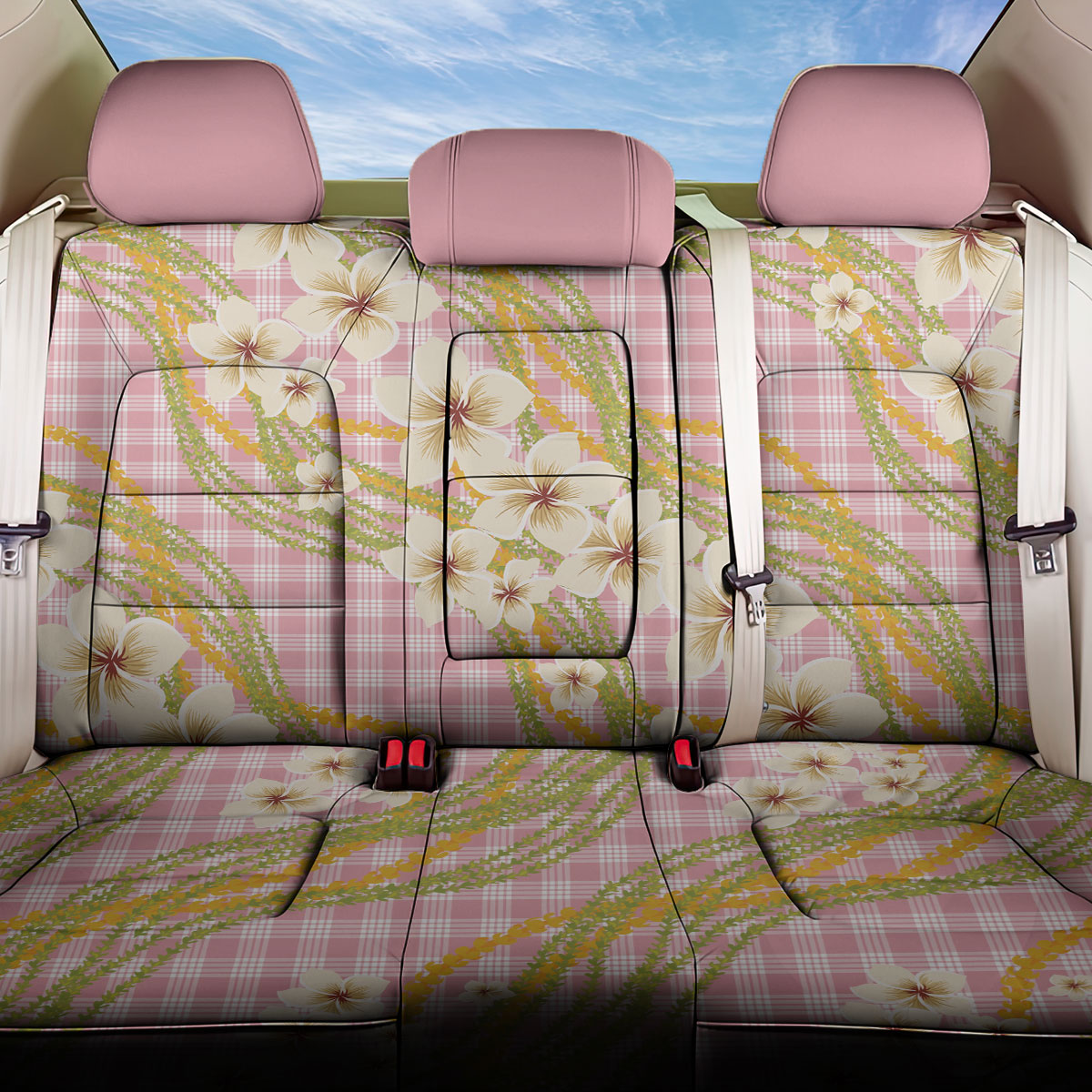 Akala Hamele Palaka Plumeria Back Car Seat Cover Puakenikeni and Maile Lei