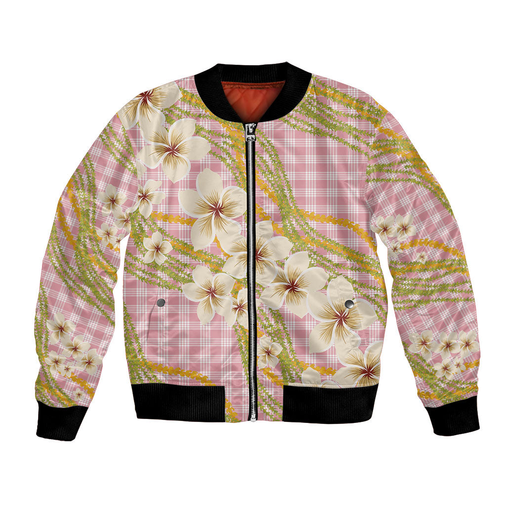 Akala Hamele Palaka Plumeria Bomber Jacket Puakenikeni and Maile Lei