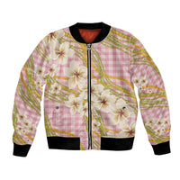 Akala Hamele Palaka Plumeria Bomber Jacket Puakenikeni and Maile Lei