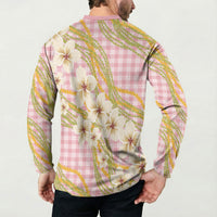 Akala Hamele Palaka Plumeria Button Sweatshirt Puakenikeni and Maile Lei