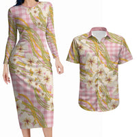 Akala Hamele Palaka Plumeria Couples Matching Long Sleeve Bodycon Dress and Hawaiian Shirt Puakenikeni and Maile Lei