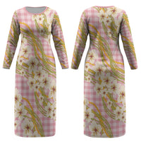 Akala Hamele Palaka Plumeria Couples Matching Long Sleeve Bodycon Dress and Long Sleeve Button Shirt Puakenikeni and Maile Lei