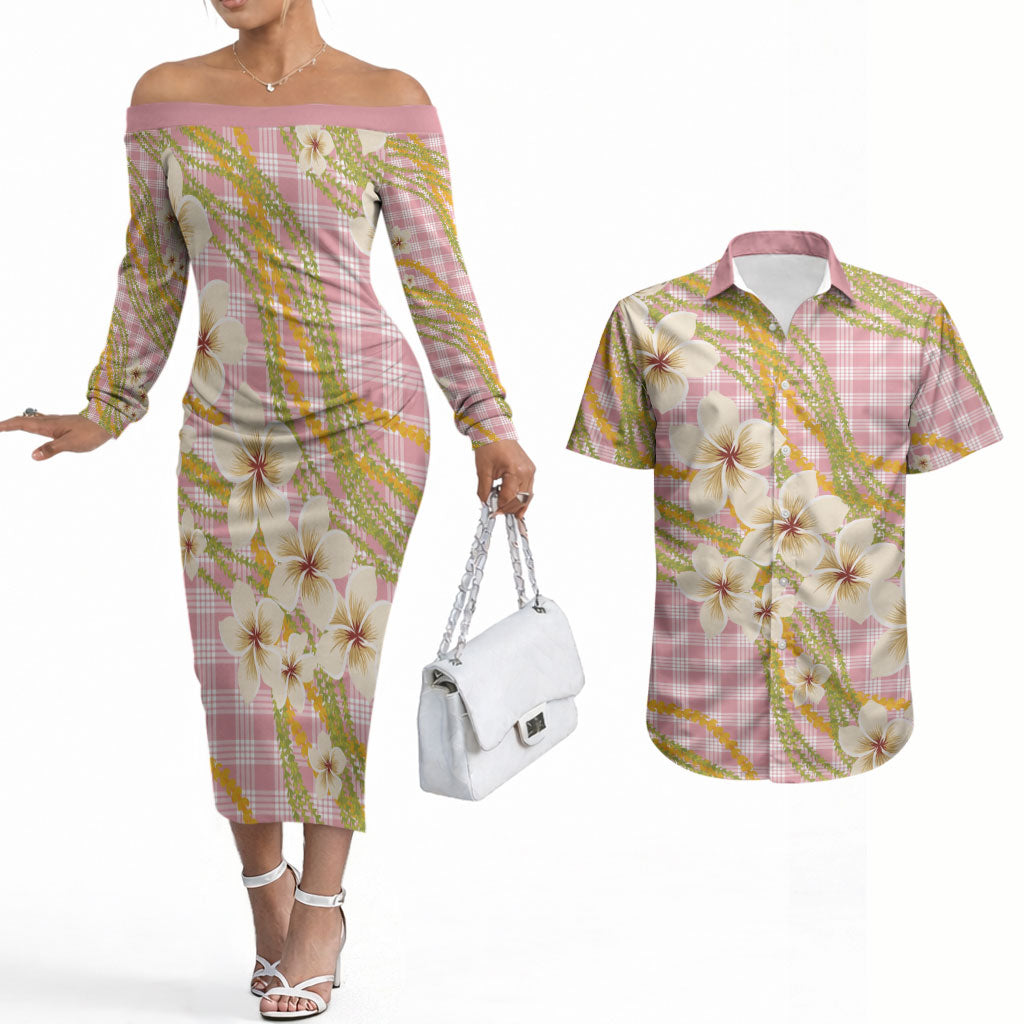 Akala Hamele Palaka Plumeria Couples Matching Off The Shoulder Long Sleeve Dress and Hawaiian Shirt Puakenikeni and Maile Lei LT9 Dusty Rose - Polynesian Pride