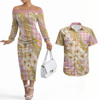 Akala Hamele Palaka Plumeria Couples Matching Off The Shoulder Long Sleeve Dress and Hawaiian Shirt Puakenikeni and Maile Lei