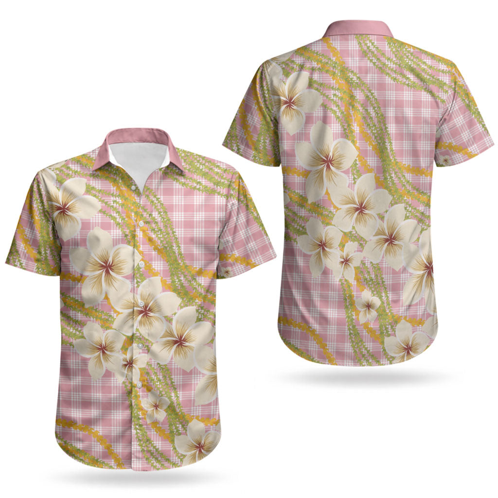 Akala Hamele Palaka Plumeria Couples Matching Off The Shoulder Long Sleeve Dress and Hawaiian Shirt Puakenikeni and Maile Lei
