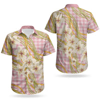 Akala Hamele Palaka Plumeria Couples Matching Puletasi and Hawaiian Shirt Puakenikeni and Maile Lei