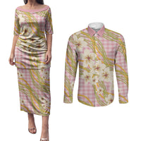 Akala Hamele Palaka Plumeria Couples Matching Puletasi and Long Sleeve Button Shirt Puakenikeni and Maile Lei