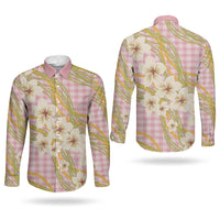 Akala Hamele Palaka Plumeria Couples Matching Puletasi and Long Sleeve Button Shirt Puakenikeni and Maile Lei
