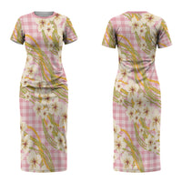 Akala Hamele Palaka Plumeria Couples Matching Short Sleeve Bodycon Dress and Hawaiian Shirt Puakenikeni and Maile Lei