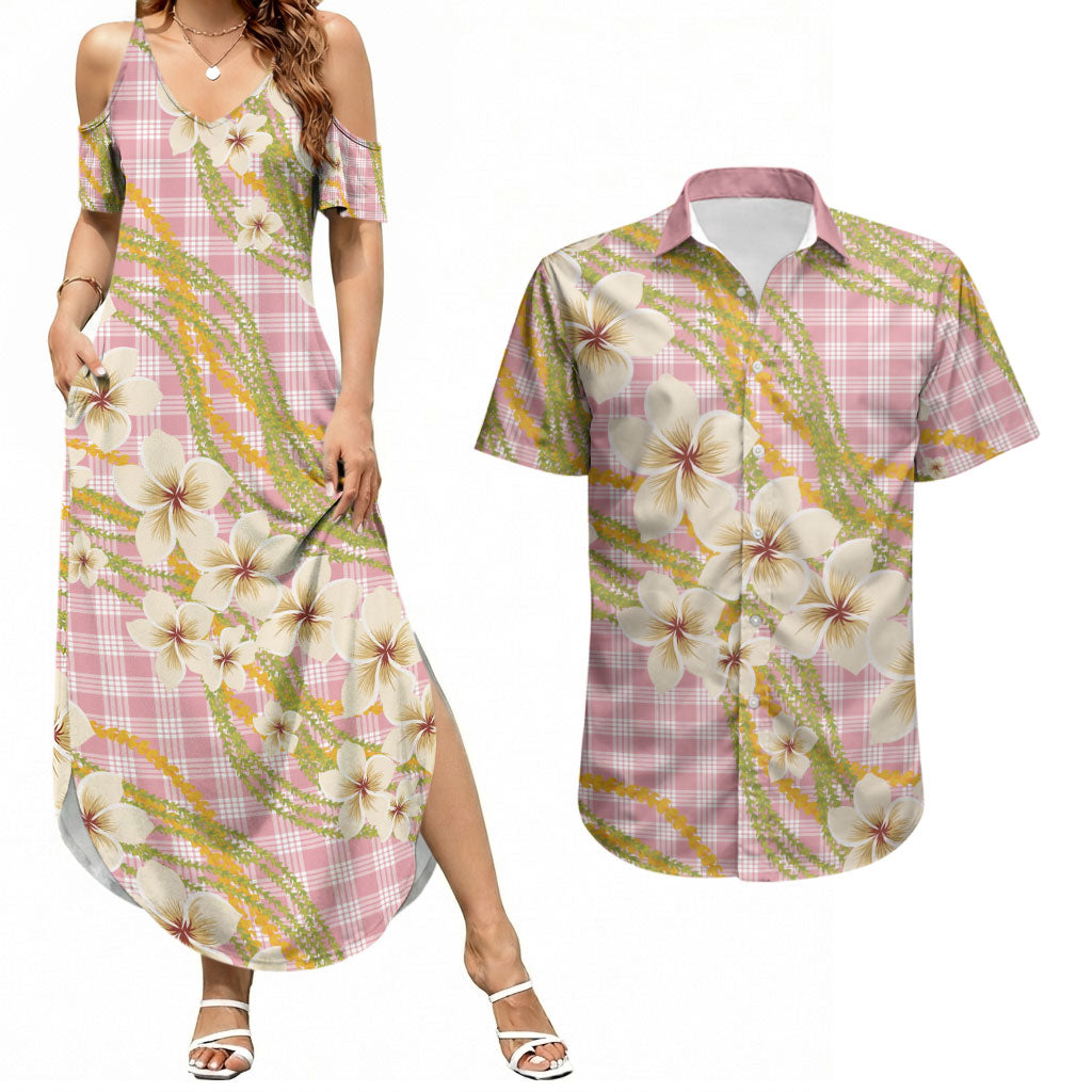 Akala Hamele Palaka Plumeria Couples Matching Summer Maxi Dress and Hawaiian Shirt Puakenikeni and Maile Lei LT9 Dusty Rose - Polynesian Pride