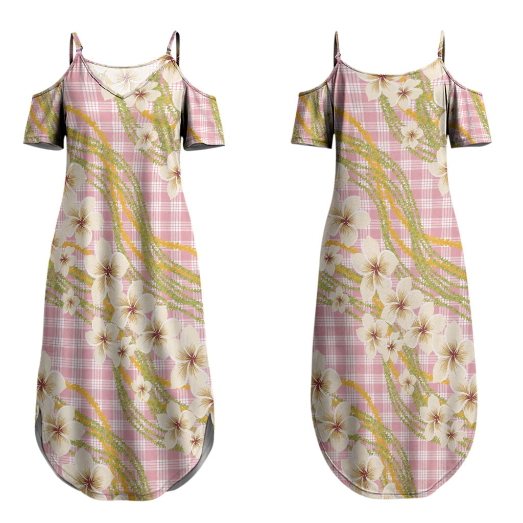 Akala Hamele Palaka Plumeria Couples Matching Summer Maxi Dress and Hawaiian Shirt Puakenikeni and Maile Lei