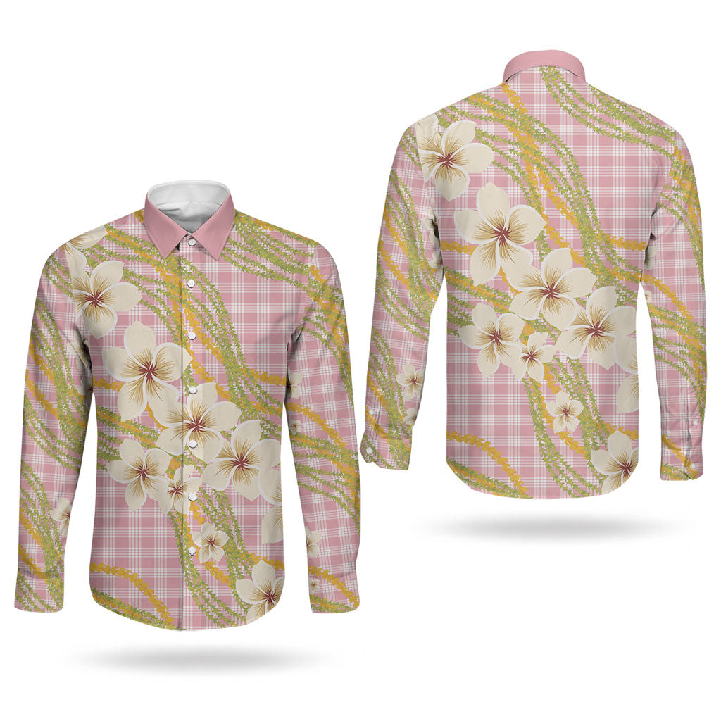 Akala Hamele Palaka Plumeria Couples Matching Tank Maxi Dress and Long Sleeve Button Shirt Puakenikeni and Maile Lei