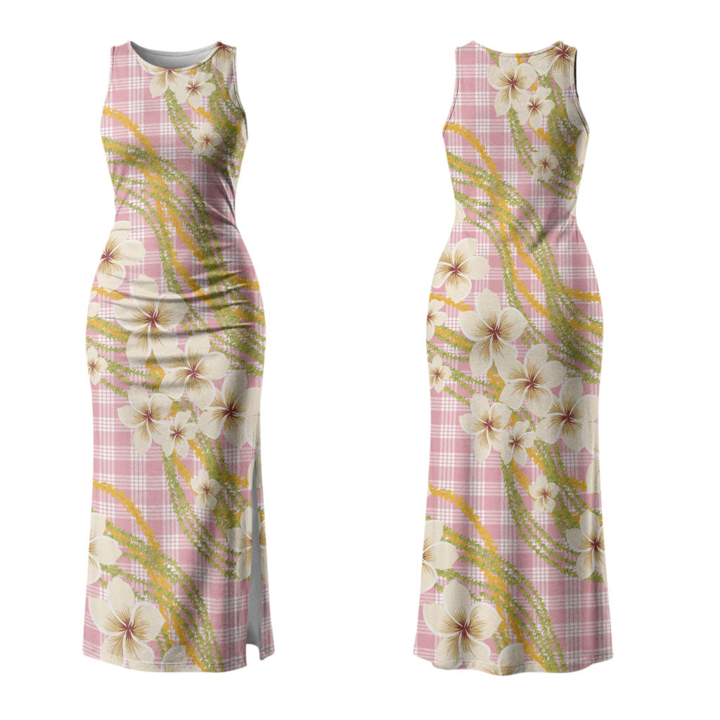 Akala Hamele Palaka Plumeria Couples Matching Tank Maxi Dress and Long Sleeve Button Shirt Puakenikeni and Maile Lei