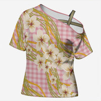 Akala Hamele Palaka Plumeria Cross Shoulder Shirt Puakenikeni and Maile Lei