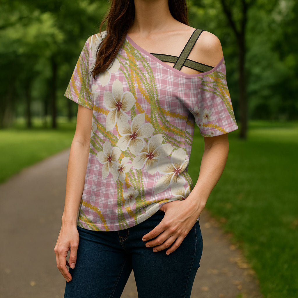 Akala Hamele Palaka Plumeria Cross Shoulder Shirt Puakenikeni and Maile Lei