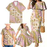 Akala Hamele Palaka Plumeria Family Matching Mermaid Dress and Hawaiian Shirt Puakenikeni and Maile Lei