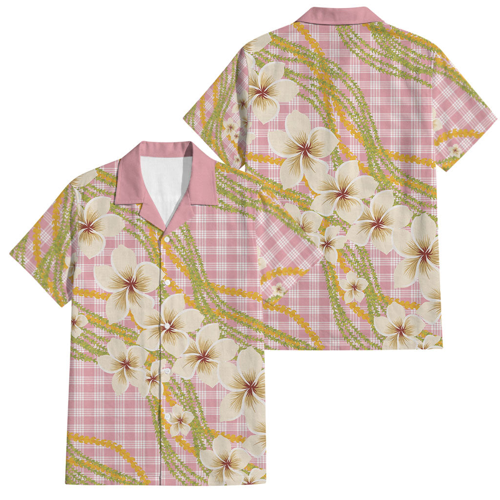 Akala Hamele Palaka Plumeria Family Matching Off The Shoulder Long Sleeve Dress and Hawaiian Shirt Puakenikeni and Maile Lei