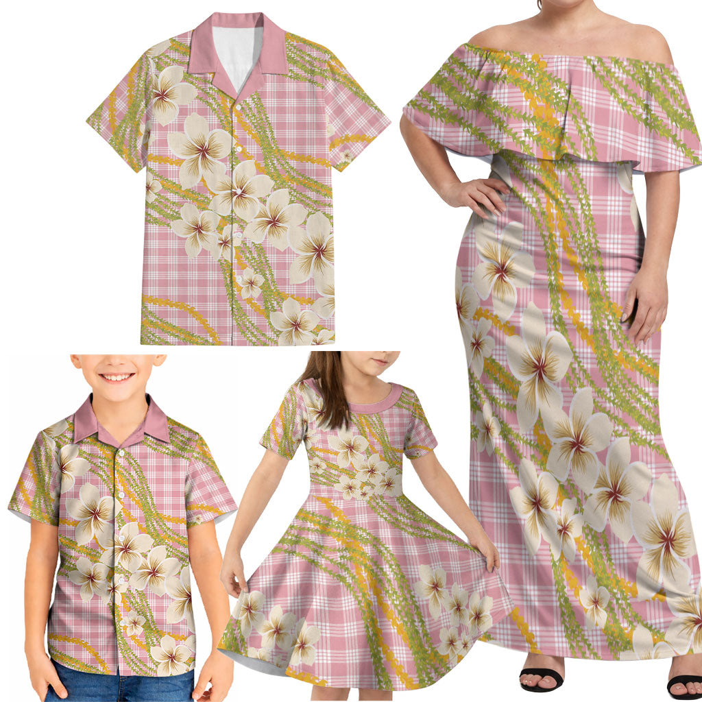 Akala Hamele Palaka Plumeria Family Matching Off Shoulder Maxi Dress and Hawaiian Shirt Puakenikeni and Maile Lei