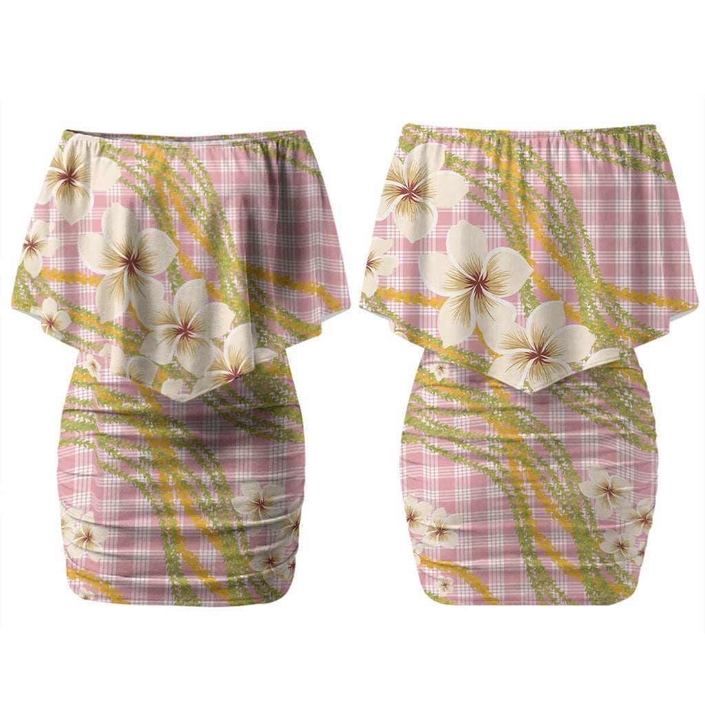 Akala Hamele Palaka Plumeria Family Matching Off Shoulder Short Dress and Hawaiian Shirt Puakenikeni and Maile Lei