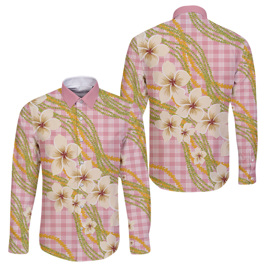 Akala Hamele Palaka Plumeria Family Matching Off Shoulder Short Dress and Hawaiian Shirt Puakenikeni and Maile Lei