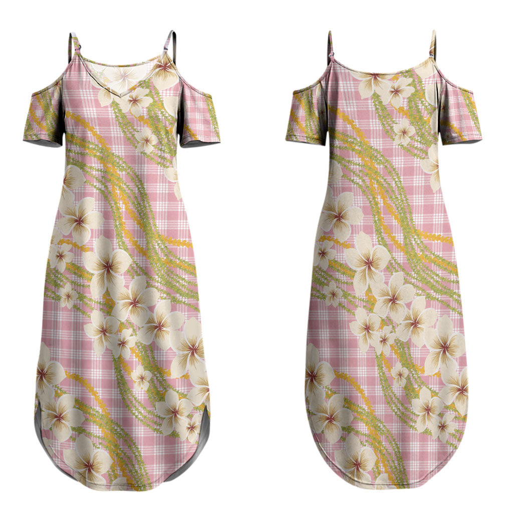 Akala Hamele Palaka Plumeria Family Matching Summer Maxi Dress and Hawaiian Shirt Puakenikeni and Maile Lei
