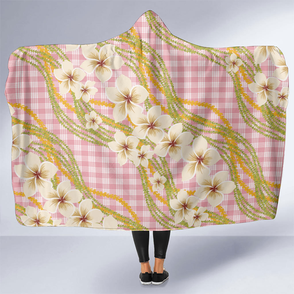 Akala Hamele Palaka Plumeria Hooded Blanket Puakenikeni and Maile Lei