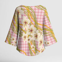 Akala Hamele Palaka Plumeria Kimono Sleeve Blouse Puakenikeni and Maile Lei