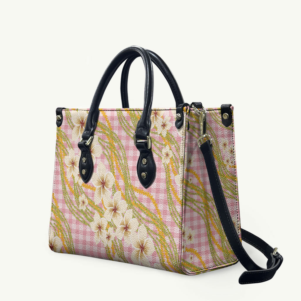 Akala Hamele Palaka Plumeria Leather Bag Puakenikeni and Maile Lei