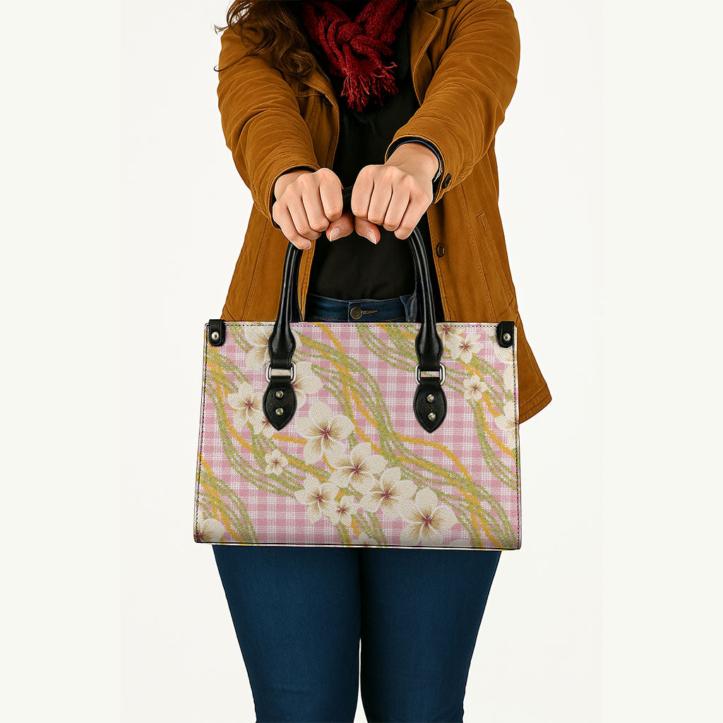 Akala Hamele Palaka Plumeria Leather Bag Puakenikeni and Maile Lei