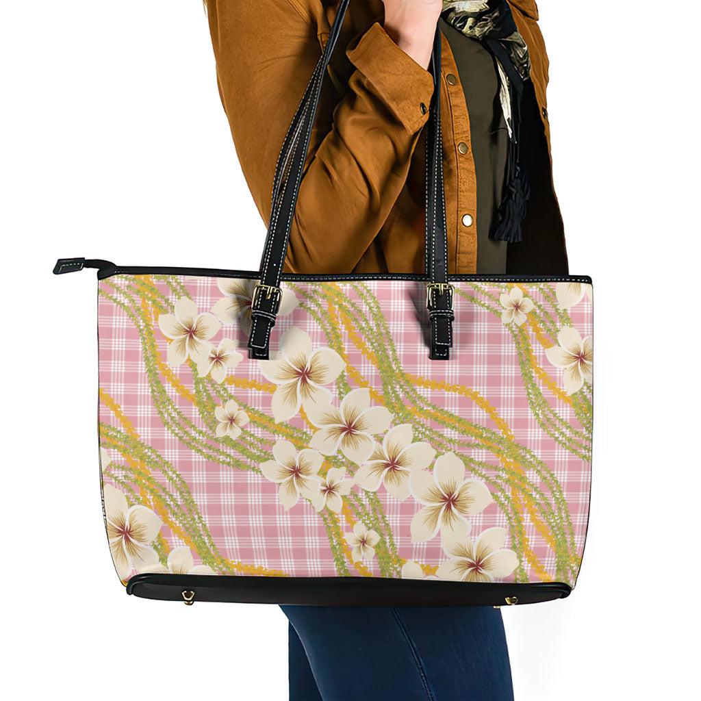 Akala Hamele Palaka Plumeria Leather Tote Bag Puakenikeni and Maile Lei