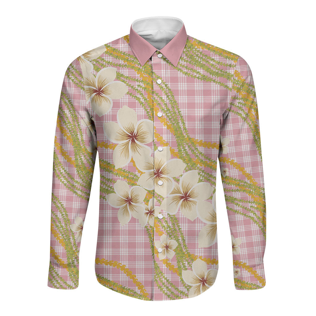 Akala Hamele Palaka Plumeria Long Sleeve Button Shirt Puakenikeni and Maile Lei