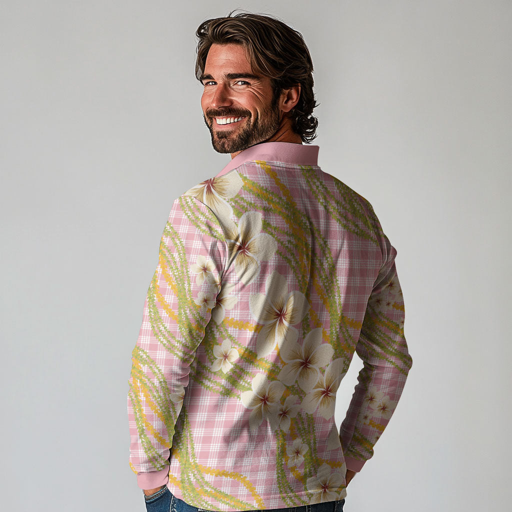 Akala Hamele Palaka Plumeria Long Sleeve Polo Shirt Puakenikeni and Maile Lei