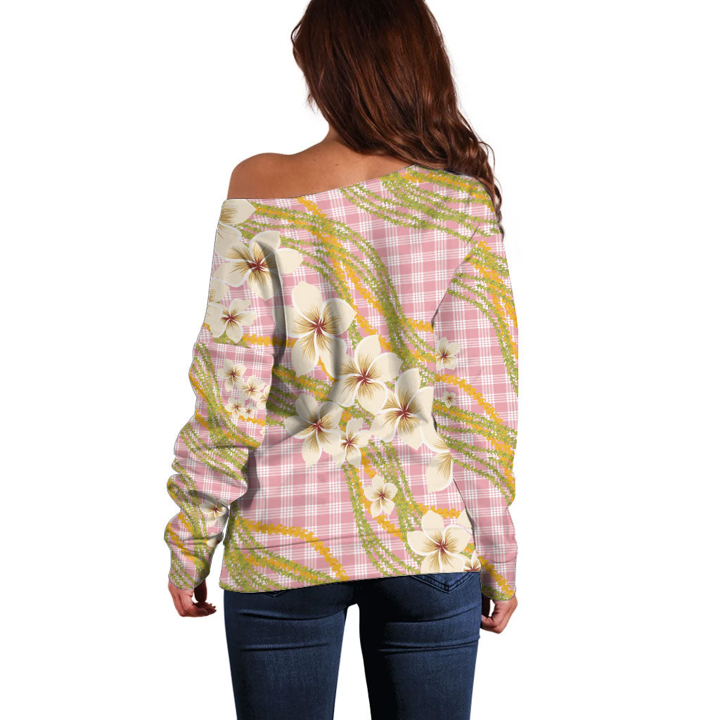 Akala Hamele Palaka Plumeria Off Shoulder Sweater Puakenikeni and Maile Lei