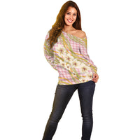 Akala Hamele Palaka Plumeria Off Shoulder Sweater Puakenikeni and Maile Lei