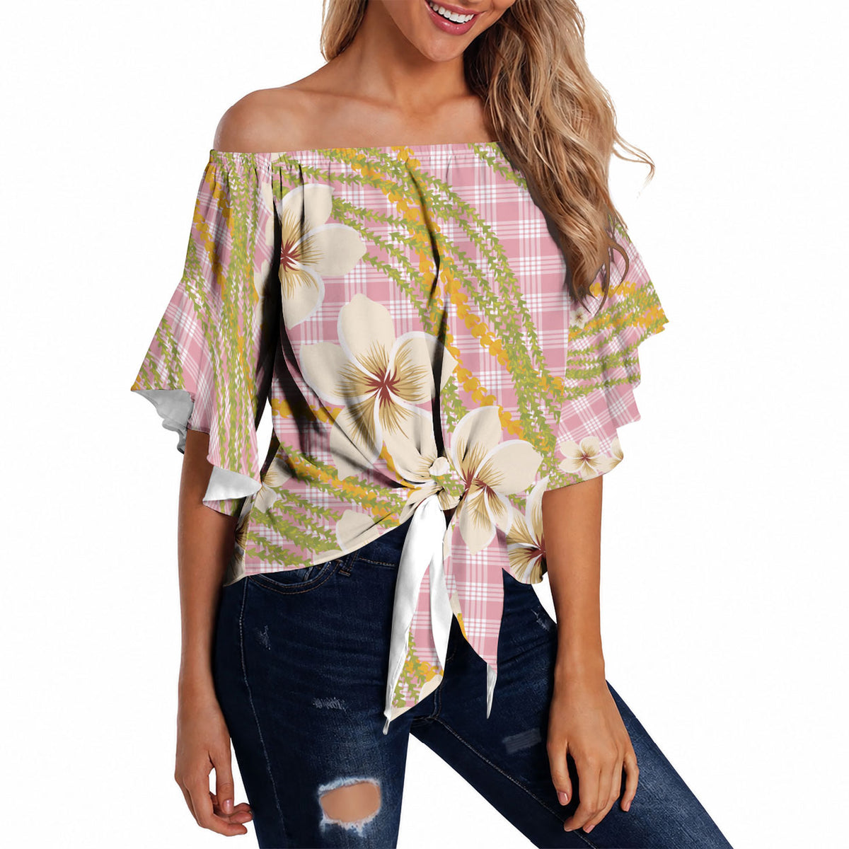 Akala Hamele Palaka Plumeria Off Shoulder Wrap Waist Top Puakenikeni and Maile Lei LT9 - Polynesian Pride
