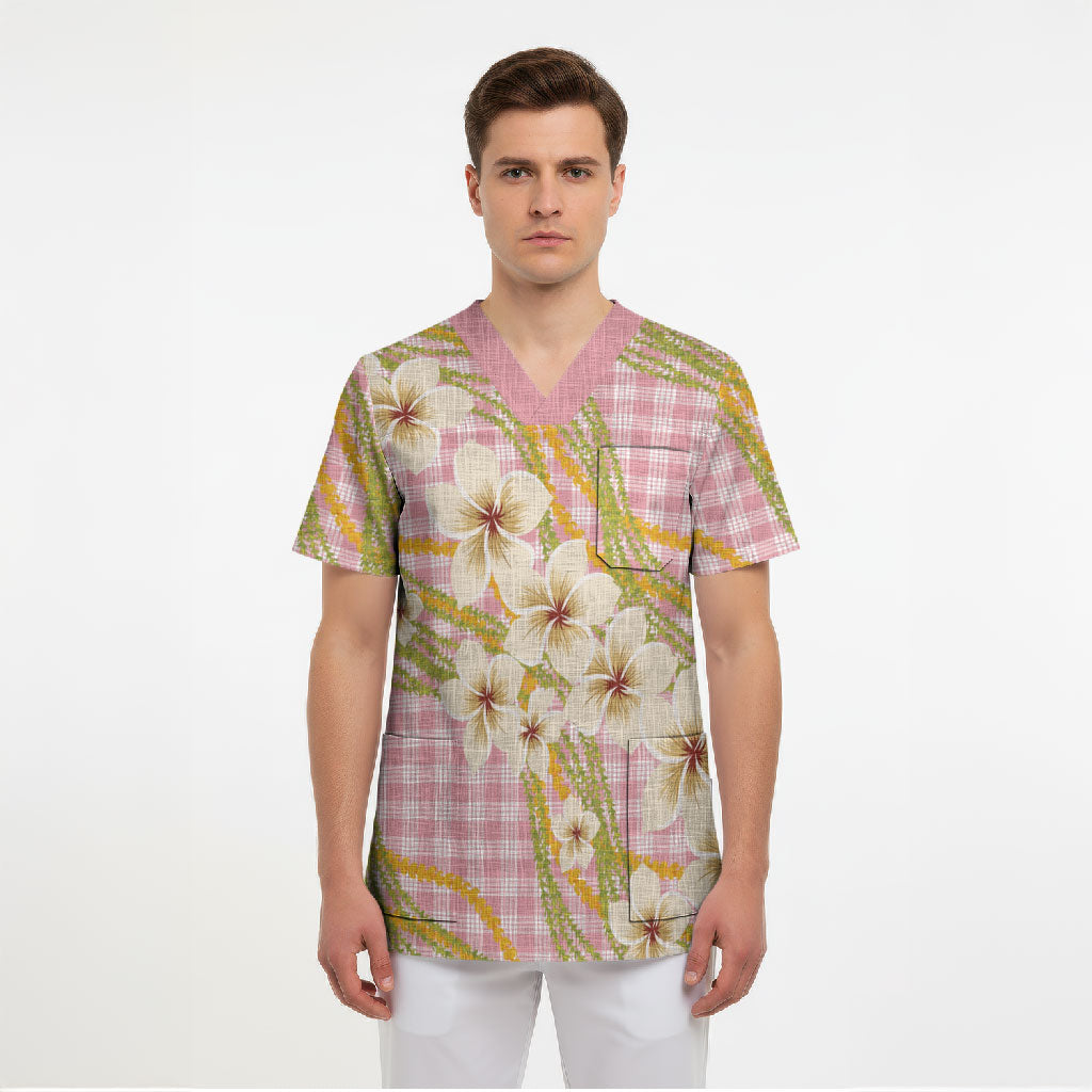 Akala Hamele Palaka Plumeria Scrub Top Puakenikeni and Maile Lei