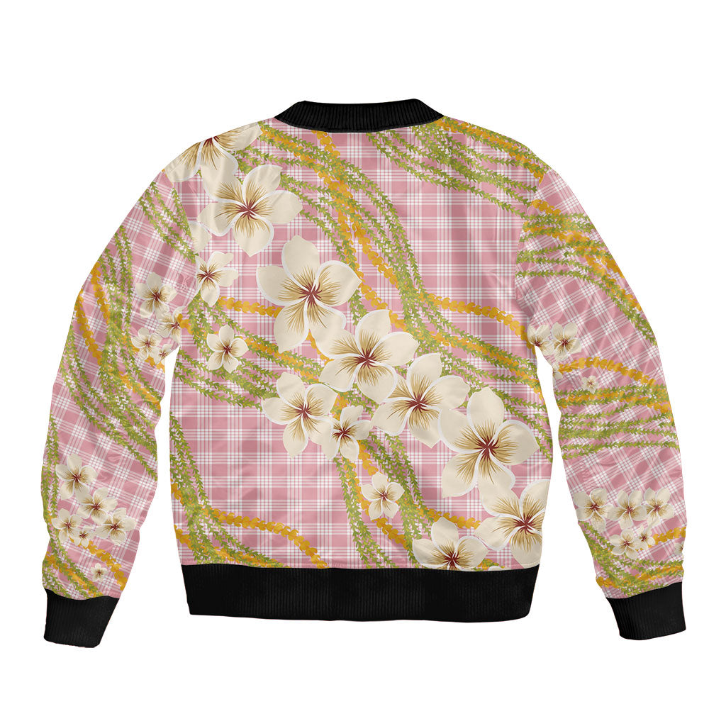 Akala Hamele Palaka Plumeria Sleeve Zip Bomber Jacket Puakenikeni and Maile Lei