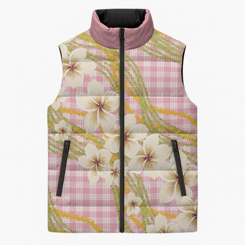 Akala Hamele Palaka Plumeria Sleeveless Puffer Jacket Puakenikeni and Maile Lei