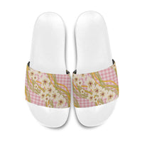 Akala Hamele Palaka Plumeria Slide Sandals Puakenikeni and Maile Lei