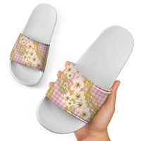 Akala Hamele Palaka Plumeria Slide Sandals Puakenikeni and Maile Lei