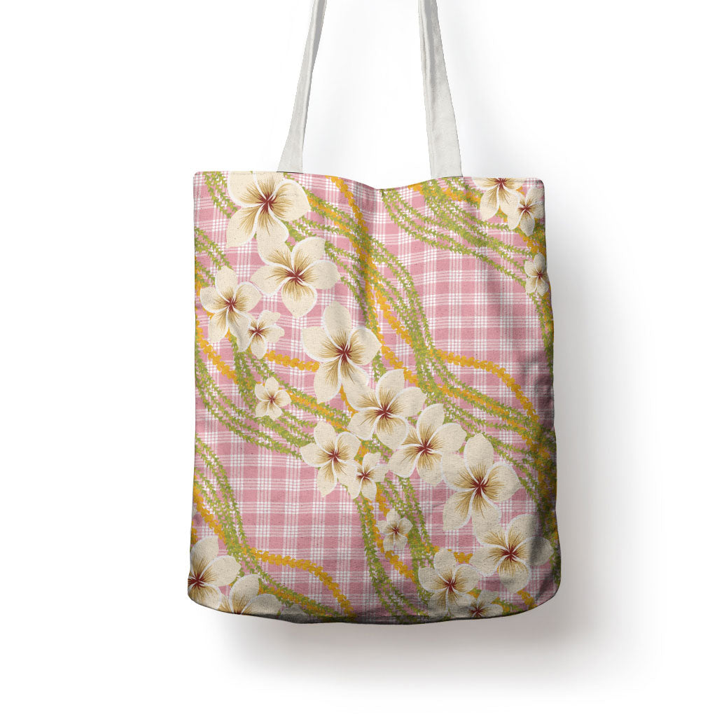 Akala Hamele Palaka Plumeria Tote Bag Puakenikeni and Maile Lei