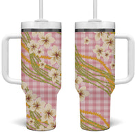 Akala Hamele Palaka Plumeria Tumbler With Handle Puakenikeni and Maile Lei