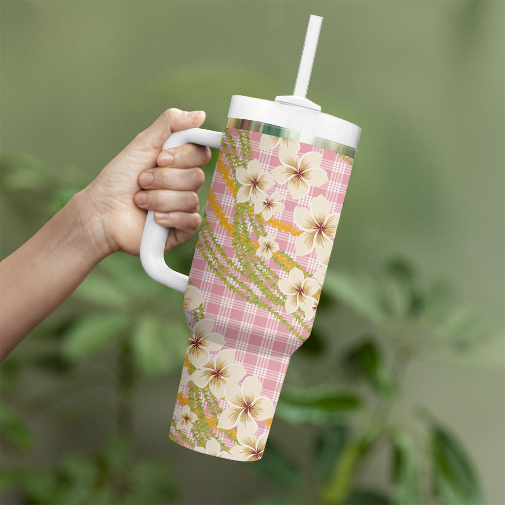Akala Hamele Palaka Plumeria Tumbler With Handle Puakenikeni and Maile Lei