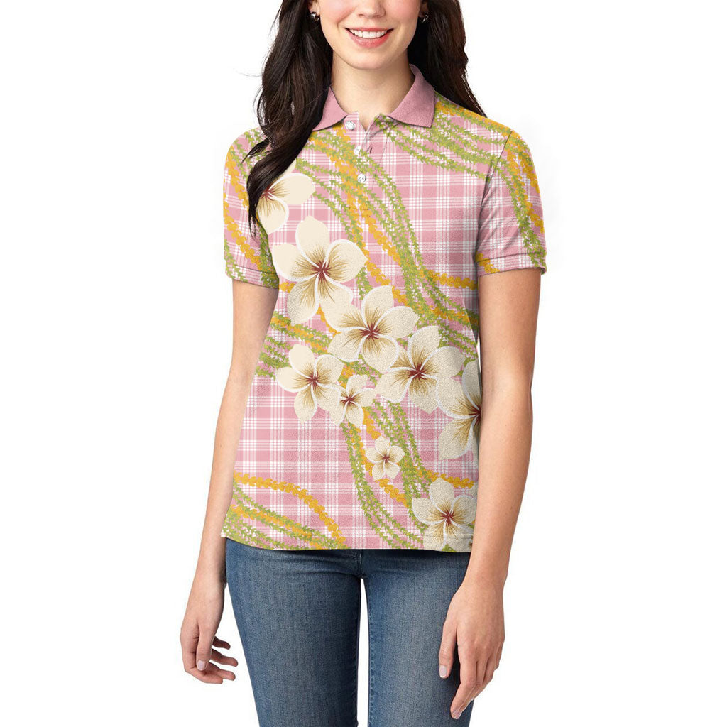Akala Hamele Palaka Plumeria Women Polo Shirt Puakenikeni and Maile Lei