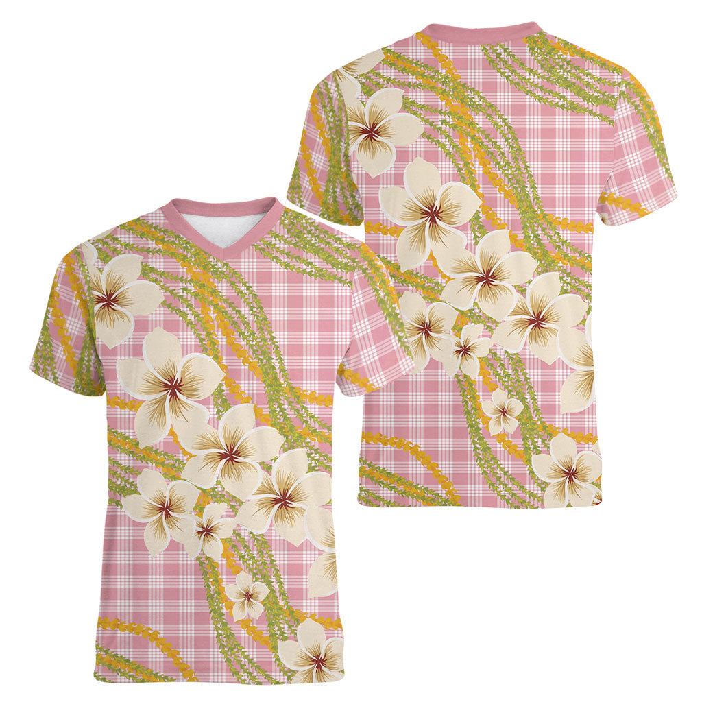 Akala Hamele Palaka Plumeria Women V-Neck T-Shirt Puakenikeni and Maile Lei
