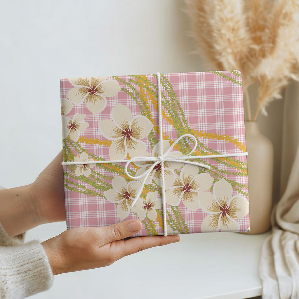 Akala Hamele Palaka Plumeria Wrapping Paper Puakenikeni and Maile Lei