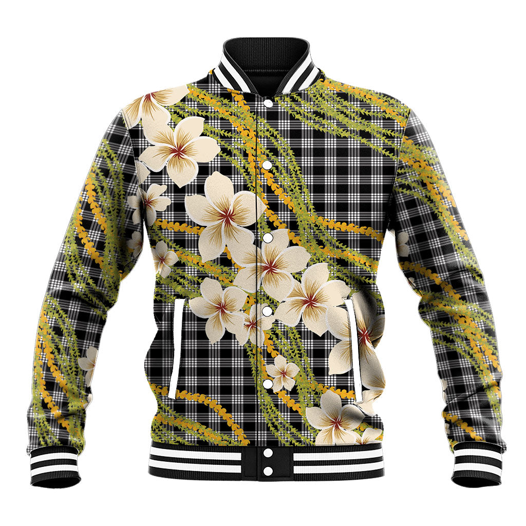 Ele'ele Hawai'i Palaka Plumeria Baseball Jacket Puakenikeni and Maile Lei LT9 Unisex Black - Polynesian Pride