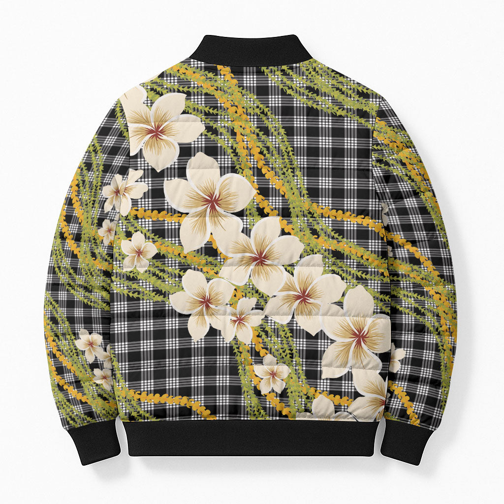 Ele'ele Hawai'i Palaka Plumeria Bomber Puffer Jacket Puakenikeni and Maile Lei