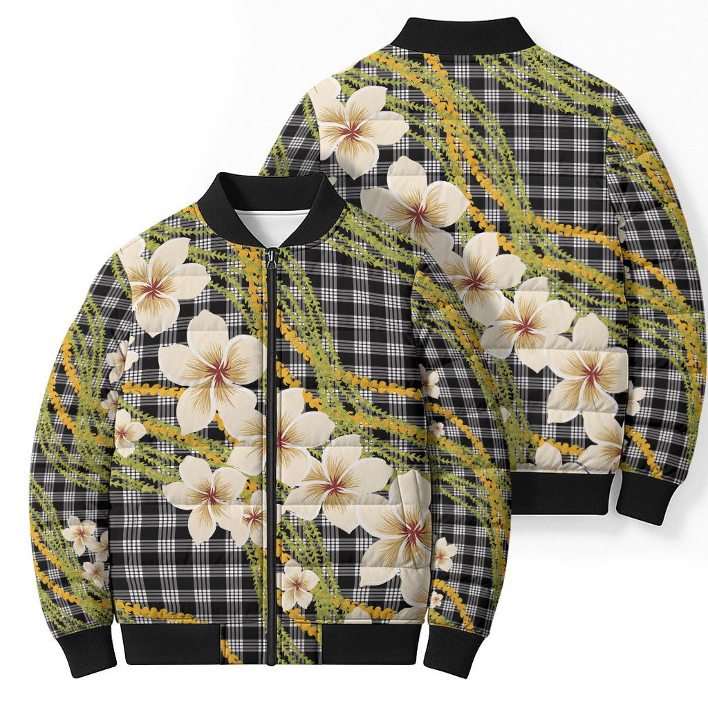 Ele'ele Hawai'i Palaka Plumeria Bomber Puffer Jacket Puakenikeni and Maile Lei