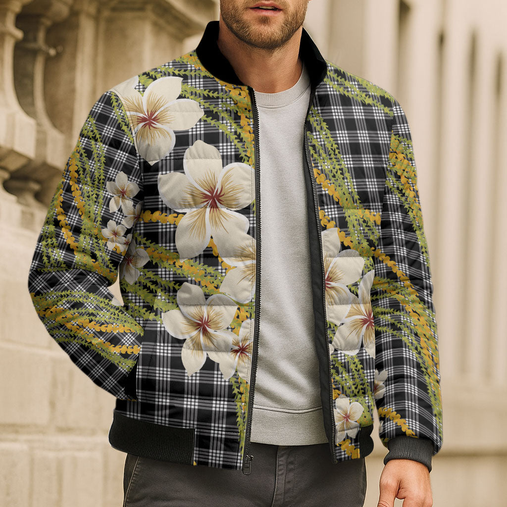 Ele'ele Hawai'i Palaka Plumeria Bomber Puffer Jacket Puakenikeni and Maile Lei
